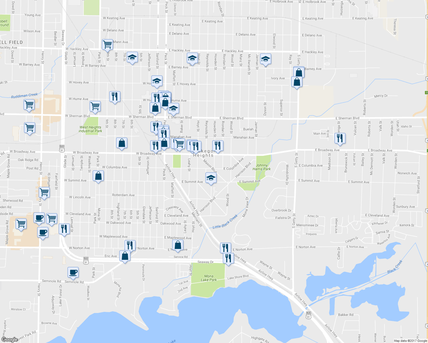 map of restaurants, bars, coffee shops, grocery stores, and more near 2913 Howden Street in Muskegon Heights