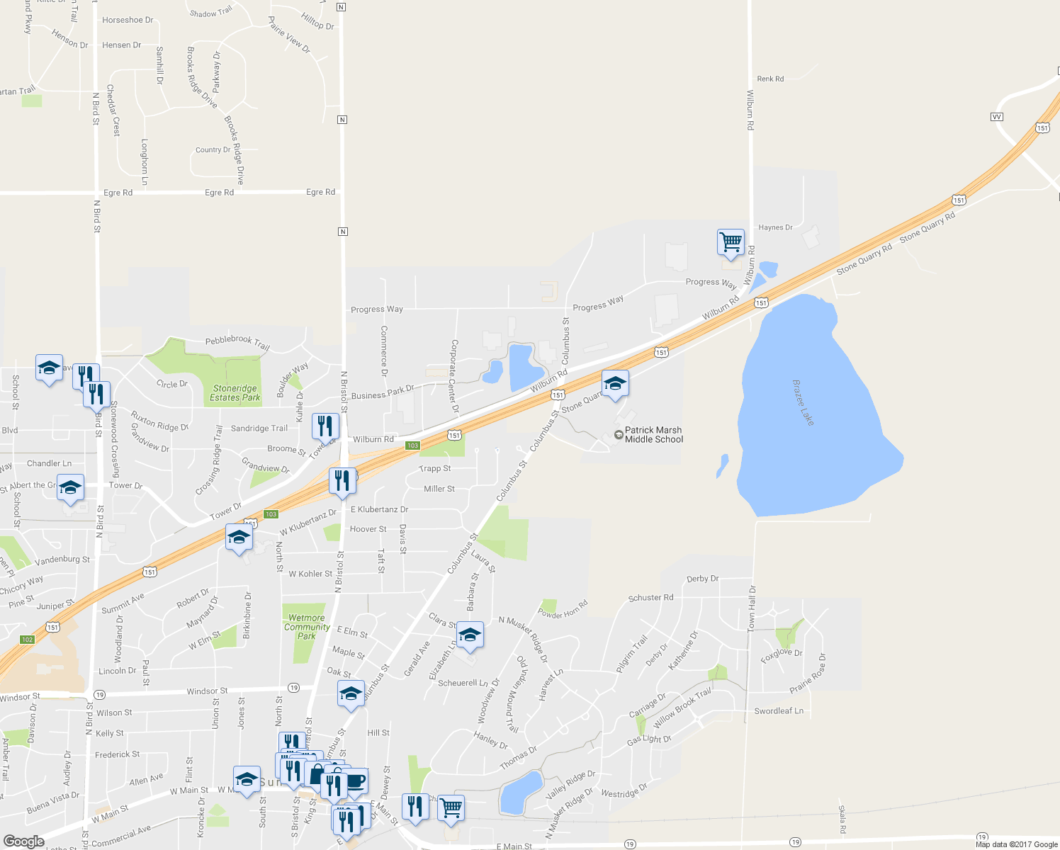 map of restaurants, bars, coffee shops, grocery stores, and more near 2000 Columbus Street in Sun Prairie