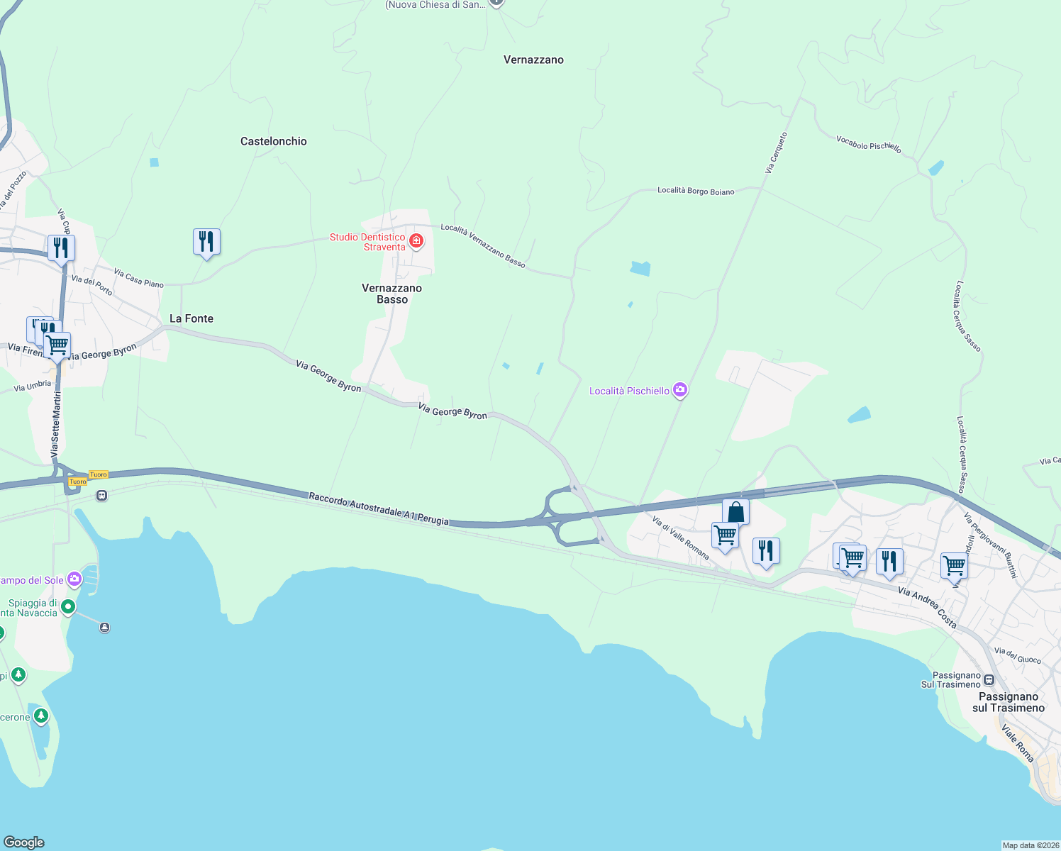 map of restaurants, bars, coffee shops, grocery stores, and more near 53 Via George Byron in Provincia di Perugia