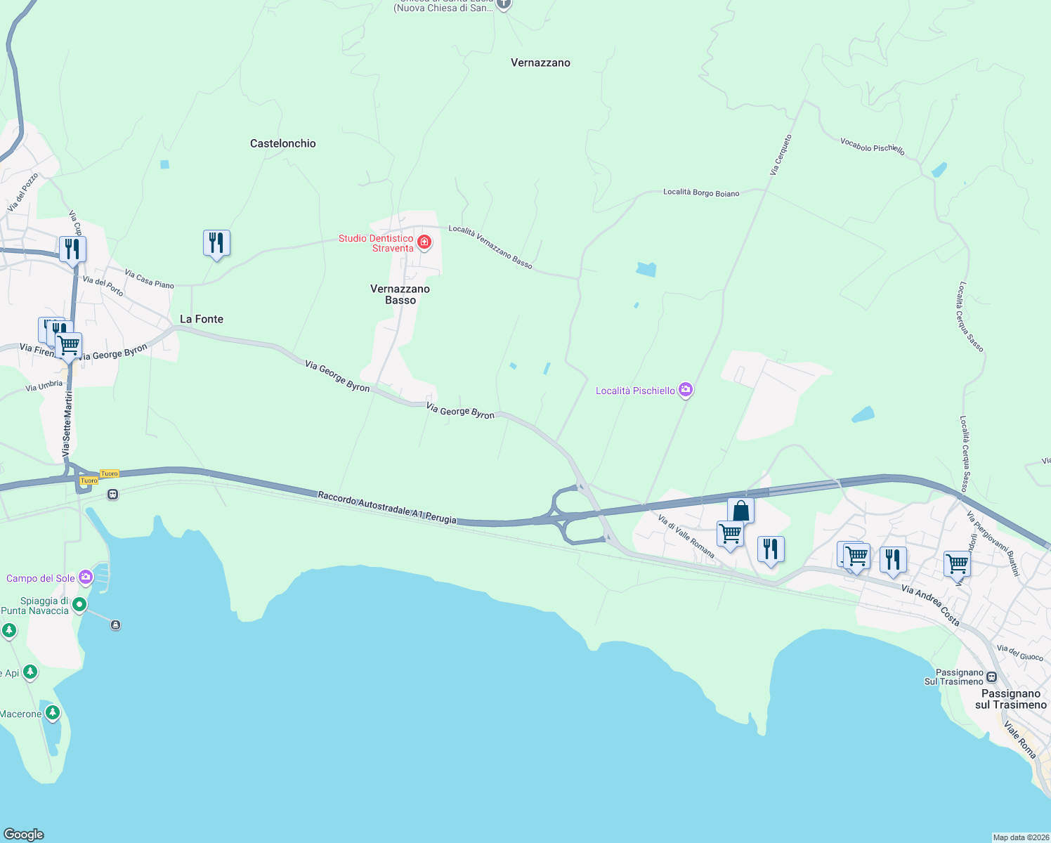 map of restaurants, bars, coffee shops, grocery stores, and more near 53 Via George Byron in Provincia di Perugia