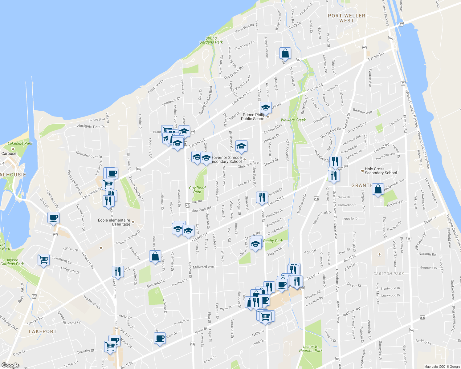 map of restaurants, bars, coffee shops, grocery stores, and more near 5 Grammar Avenue in Saint Catharines