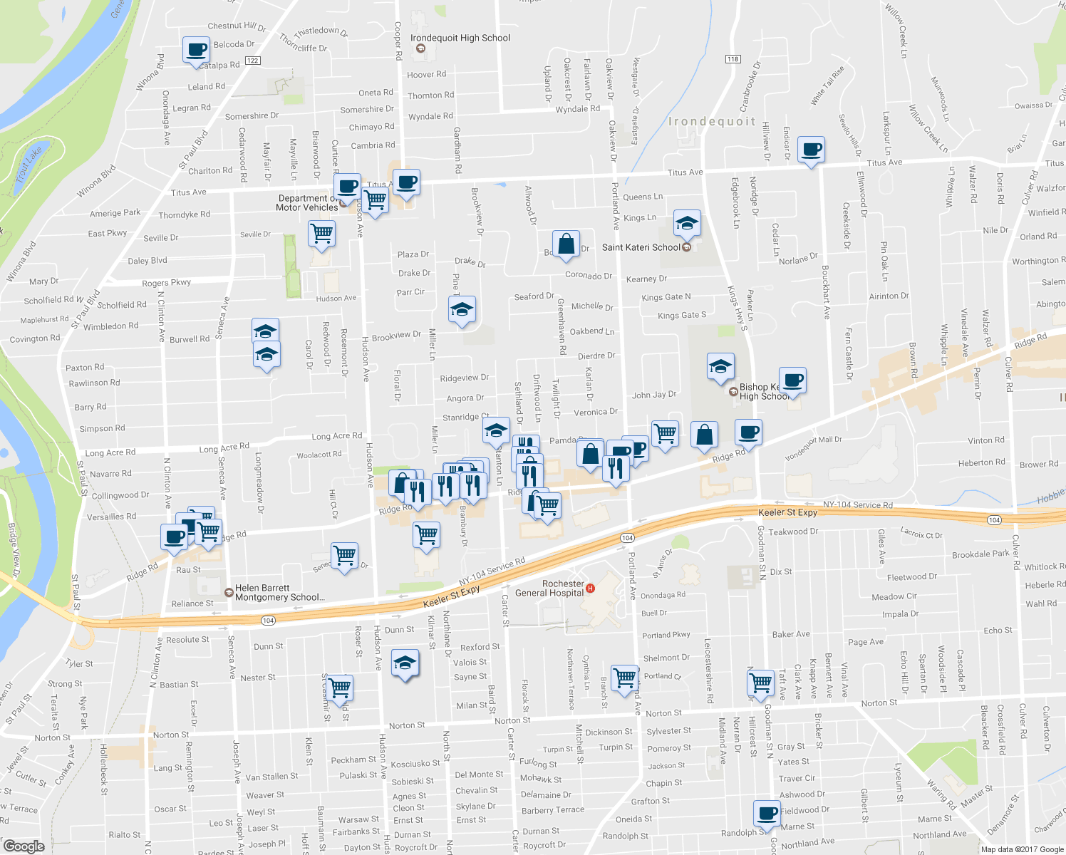 map of restaurants, bars, coffee shops, grocery stores, and more near 8 Sethland Drive in Irondequoit