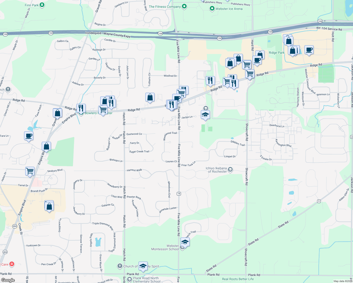map of restaurants, bars, coffee shops, grocery stores, and more near 1107 Five Mile Line Road in Webster