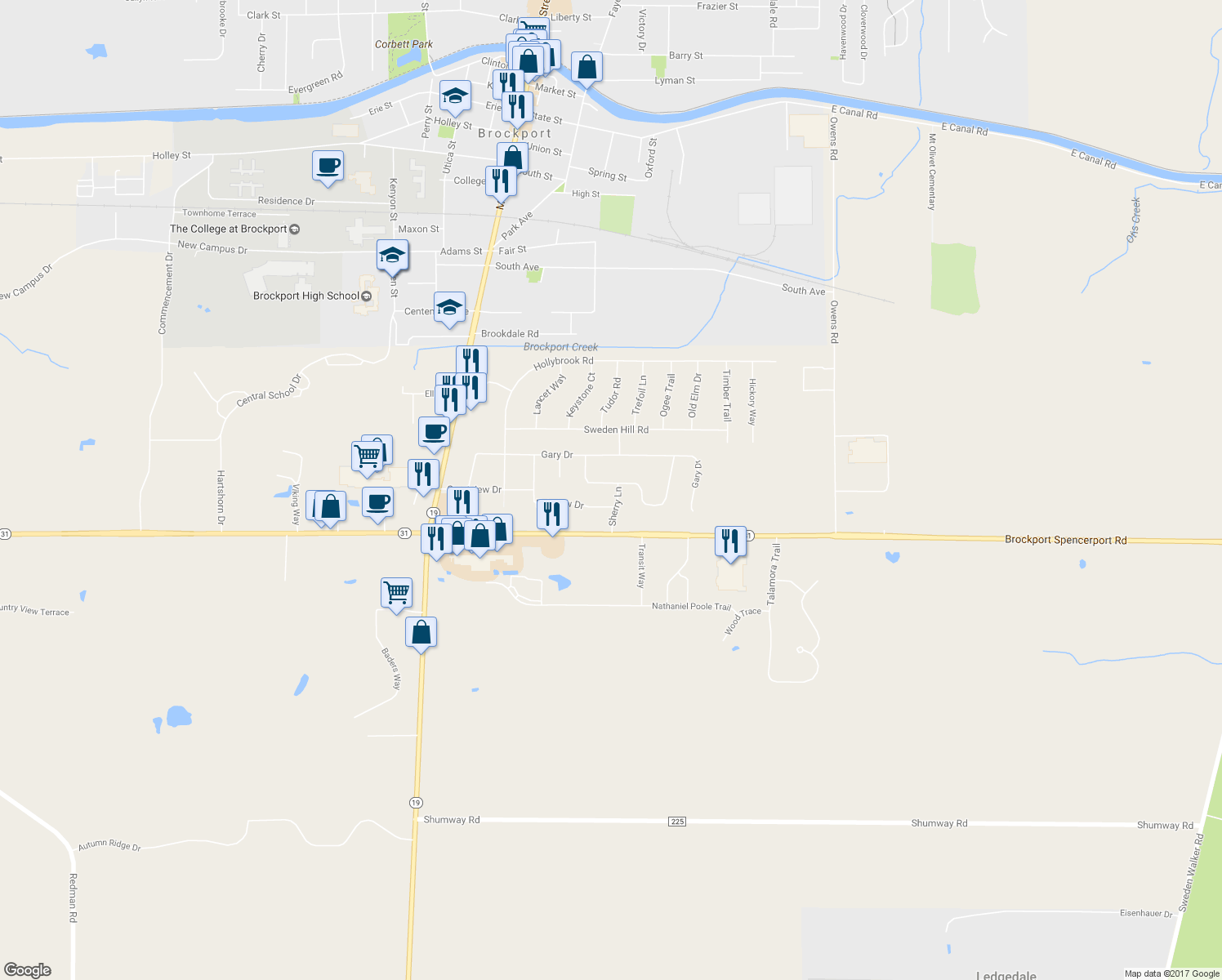 map of restaurants, bars, coffee shops, grocery stores, and more near 17 Highview Circle in Brockport