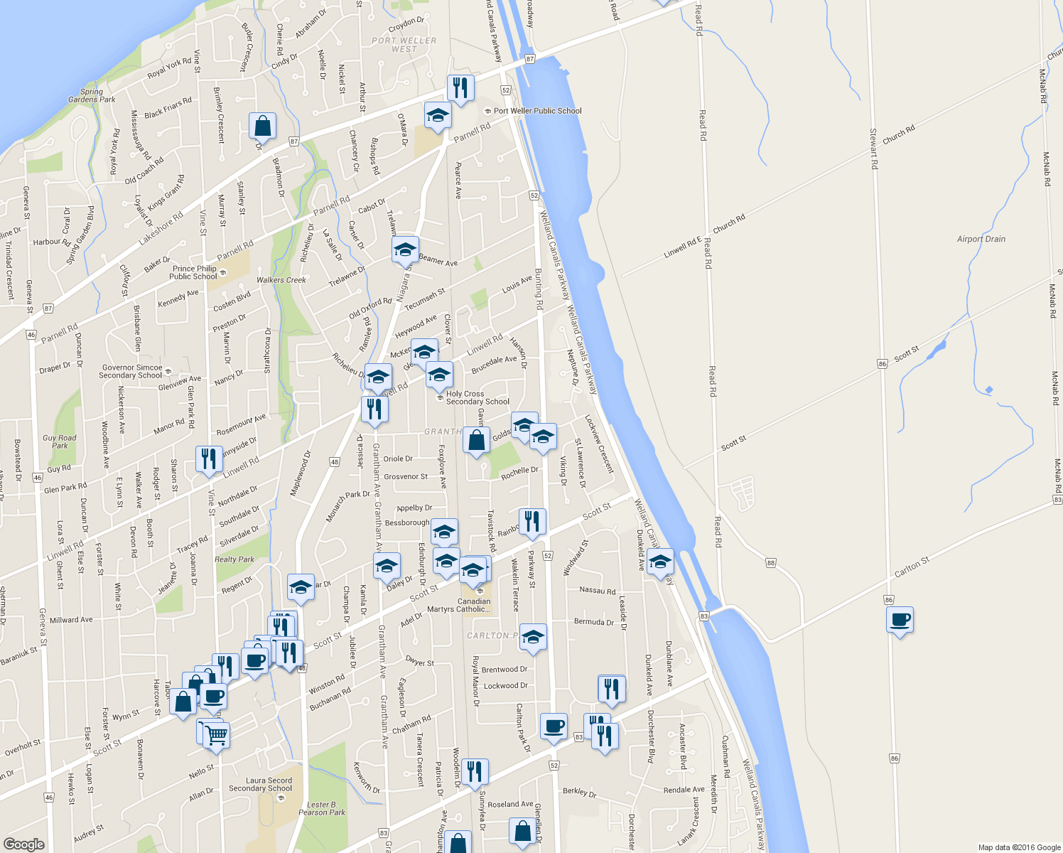 map of restaurants, bars, coffee shops, grocery stores, and more near 3 Goldsmith Avenue in St. Catharines