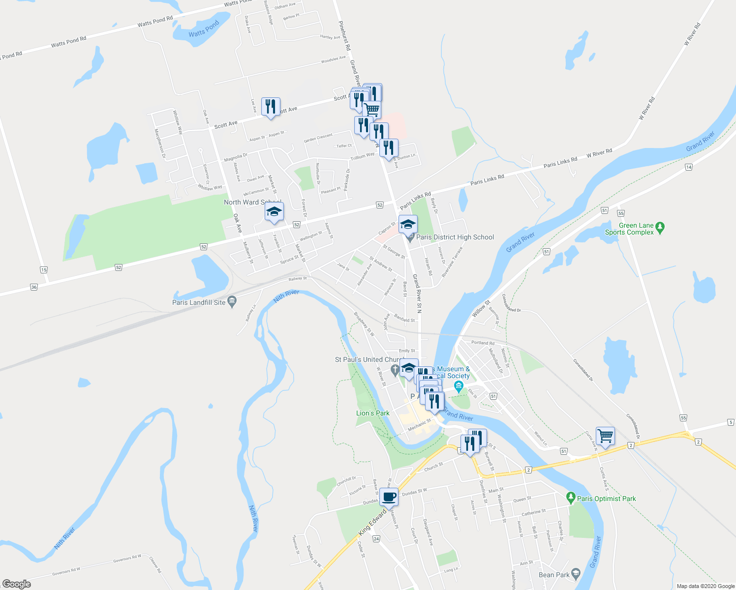 map of restaurants, bars, coffee shops, grocery stores, and more near 41 Banfield Street in Brant