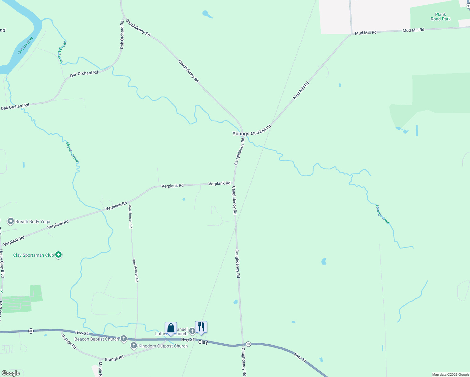 map of restaurants, bars, coffee shops, grocery stores, and more near 8894 Caughdenoy Road in Clay