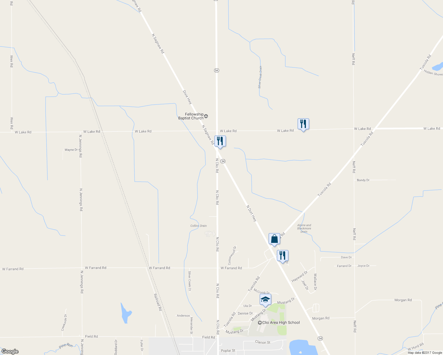 map of restaurants, bars, coffee shops, grocery stores, and more near 13358 North Clio Road in Clio