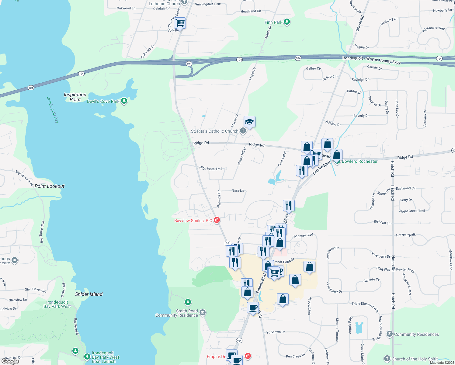 map of restaurants, bars, coffee shops, grocery stores, and more near 1096 Cherry Hill Ln in Webster