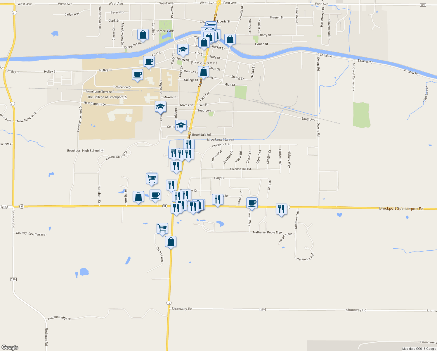 map of restaurants, bars, coffee shops, grocery stores, and more near 129 Gary Drive in Brockport