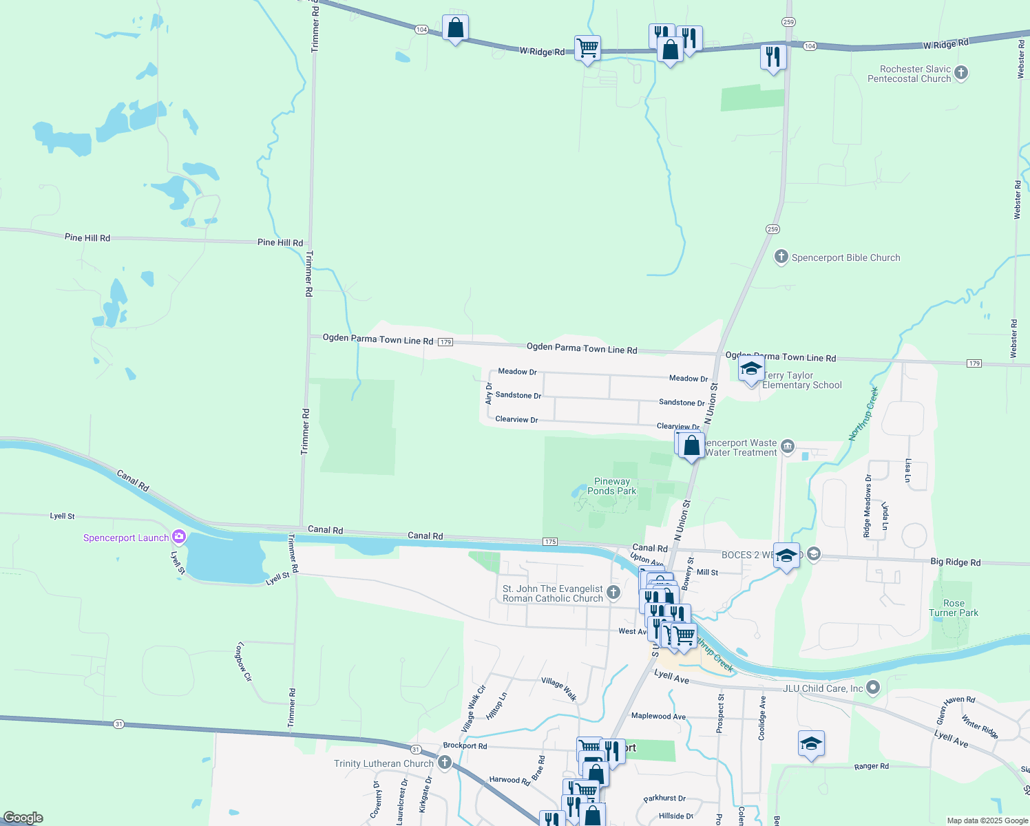 map of restaurants, bars, coffee shops, grocery stores, and more near 56 Clearview Dr in Spencerport