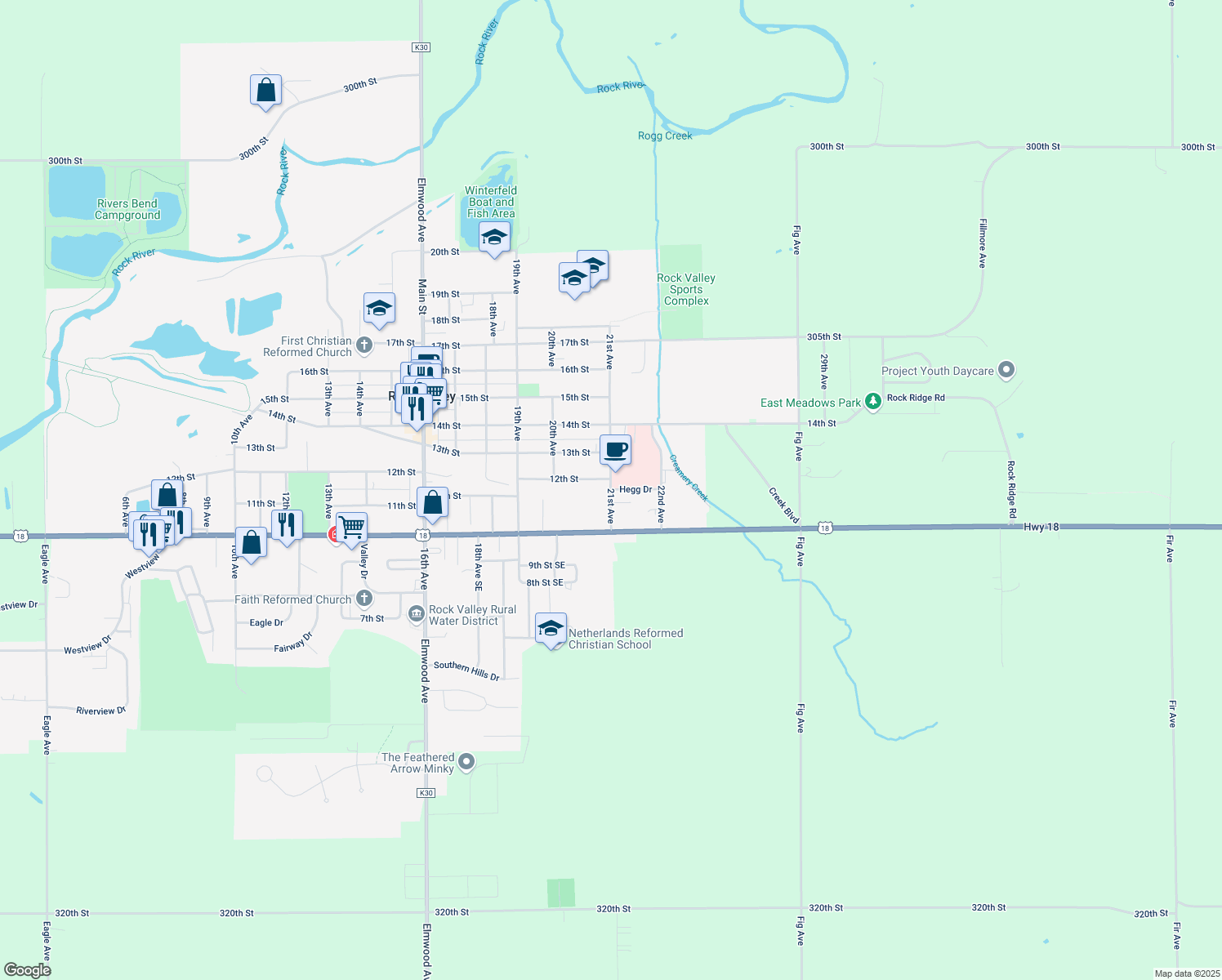 map of restaurants, bars, coffee shops, grocery stores, and more near 1170 21st Avenue in Rock Valley