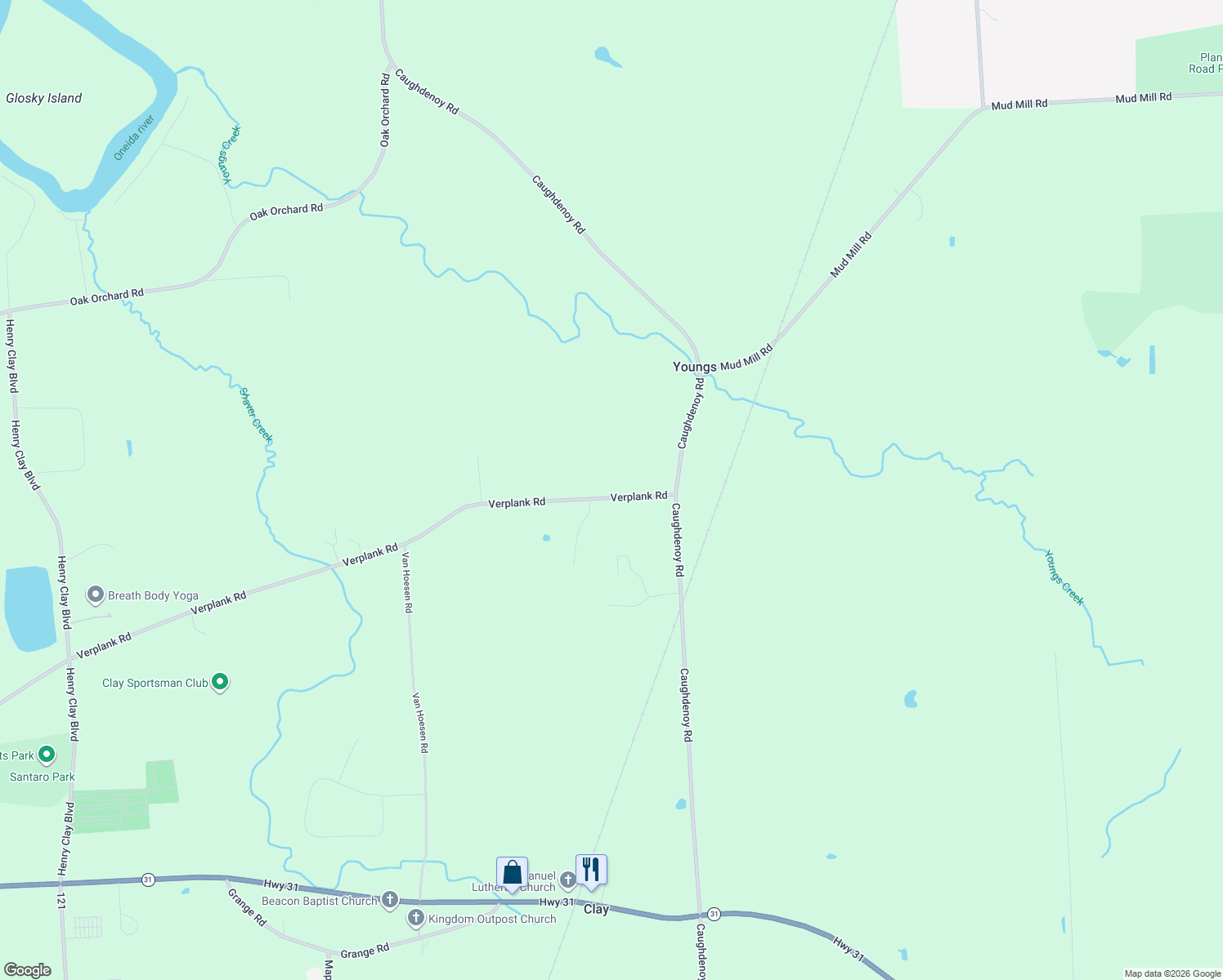 map of restaurants, bars, coffee shops, grocery stores, and more near 4987 Verplank Road in Clay