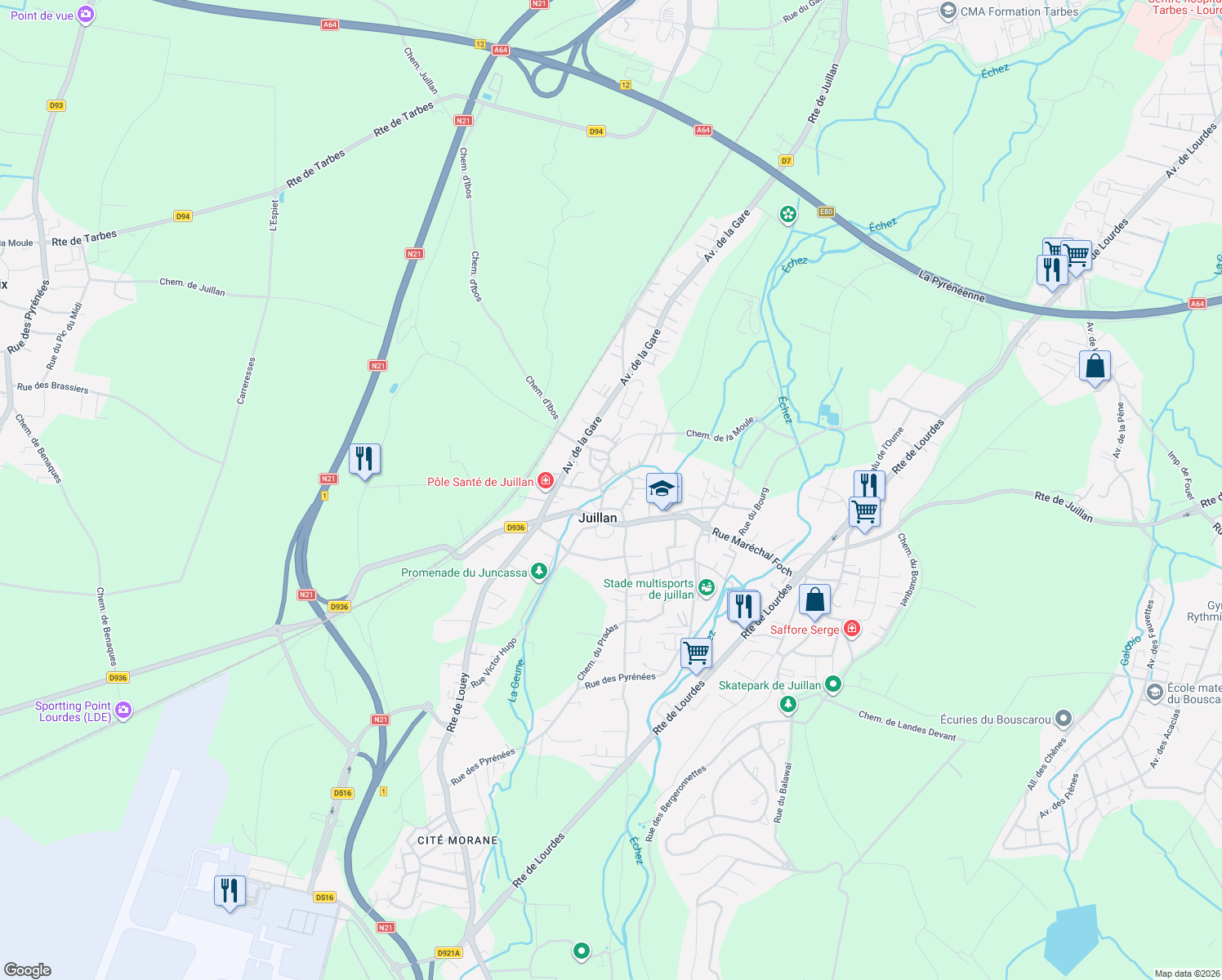 map of restaurants, bars, coffee shops, grocery stores, and more near in Juillan