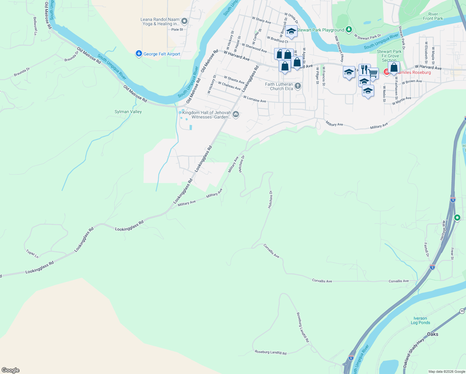 map of restaurants, bars, coffee shops, grocery stores, and more near 3083 Military Avenue in Roseburg