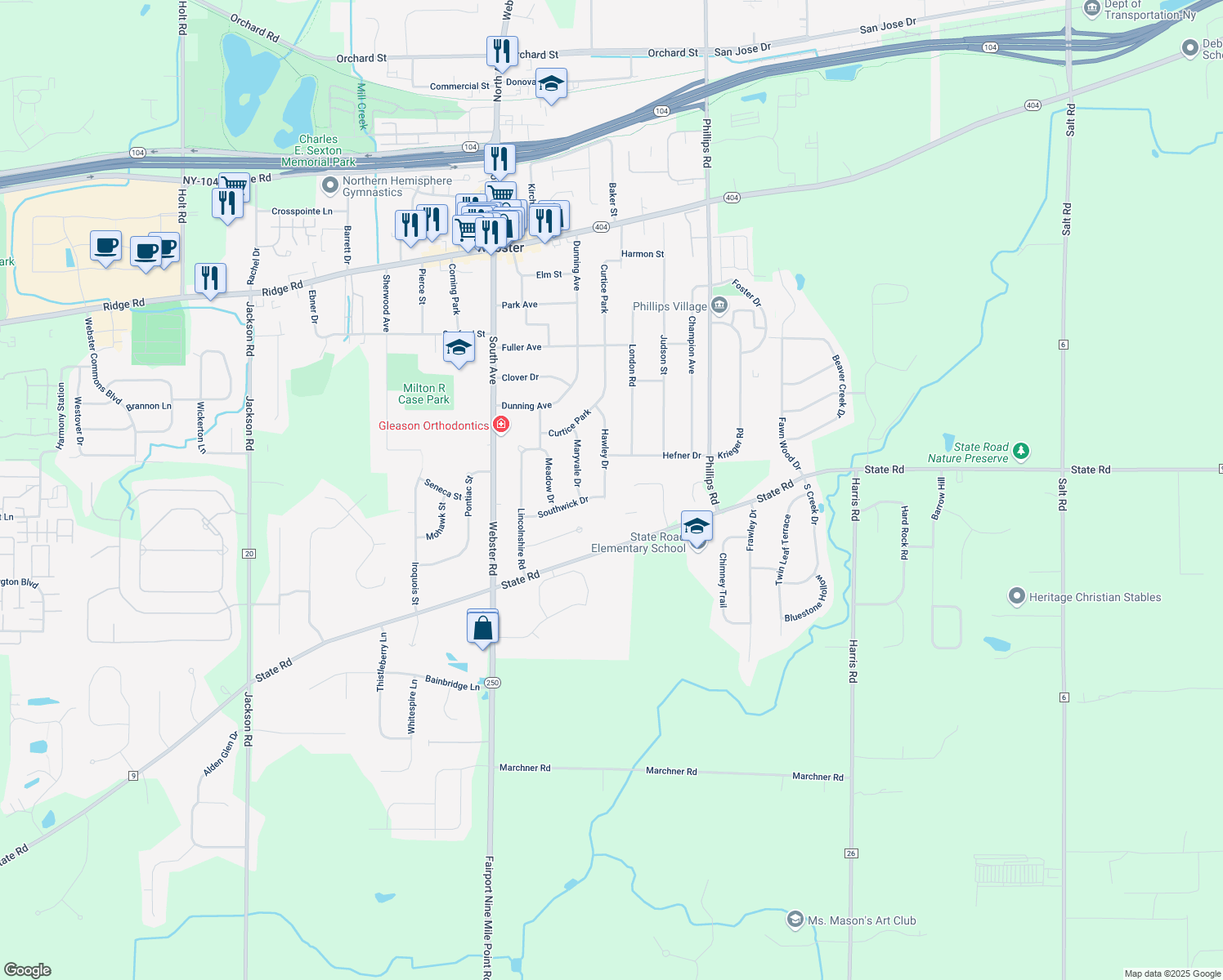 map of restaurants, bars, coffee shops, grocery stores, and more near 38 Hawley Dr in Webster