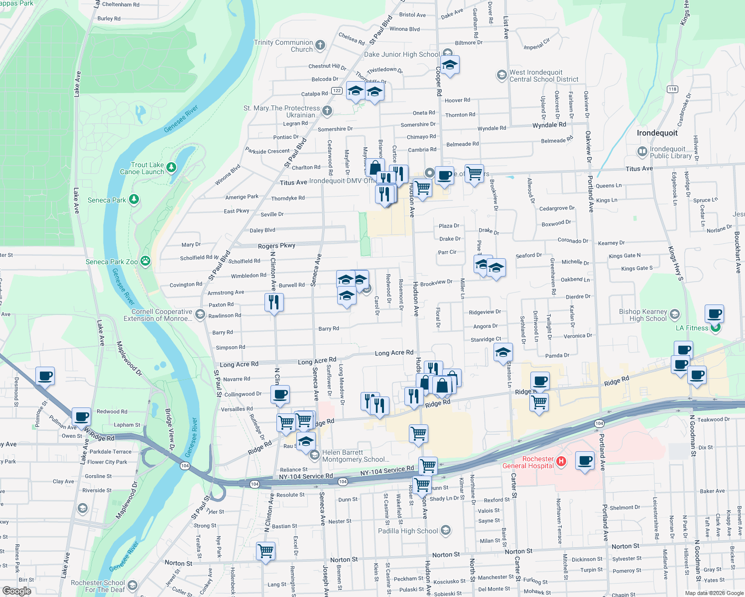 map of restaurants, bars, coffee shops, grocery stores, and more near 75 Carol Drive in Rochester