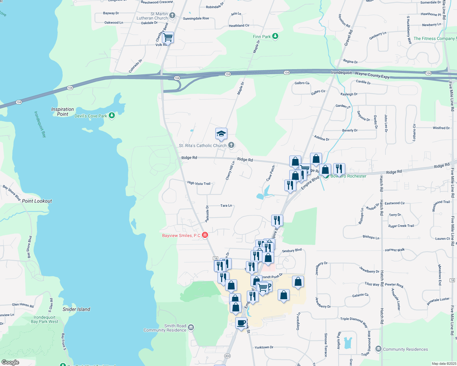 map of restaurants, bars, coffee shops, grocery stores, and more near 1064 Cherry Hill Lane in Webster