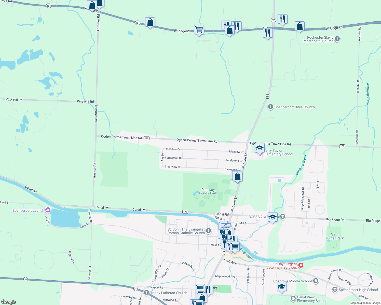 map of restaurants, bars, coffee shops, grocery stores, and more near 45 Meadow Dr in Spencerport