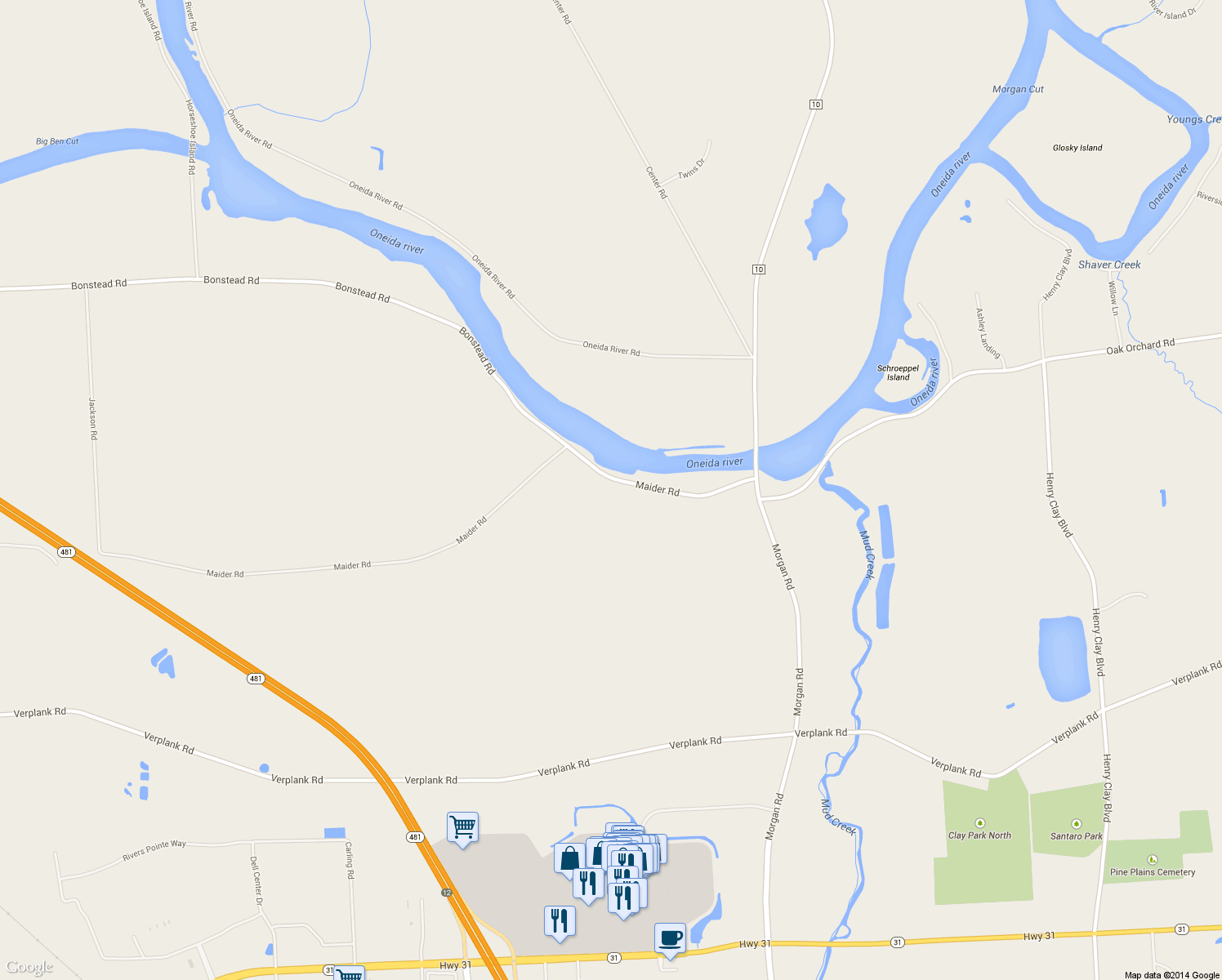 map of restaurants, bars, coffee shops, grocery stores, and more near 4174 Maider Rd in Clay