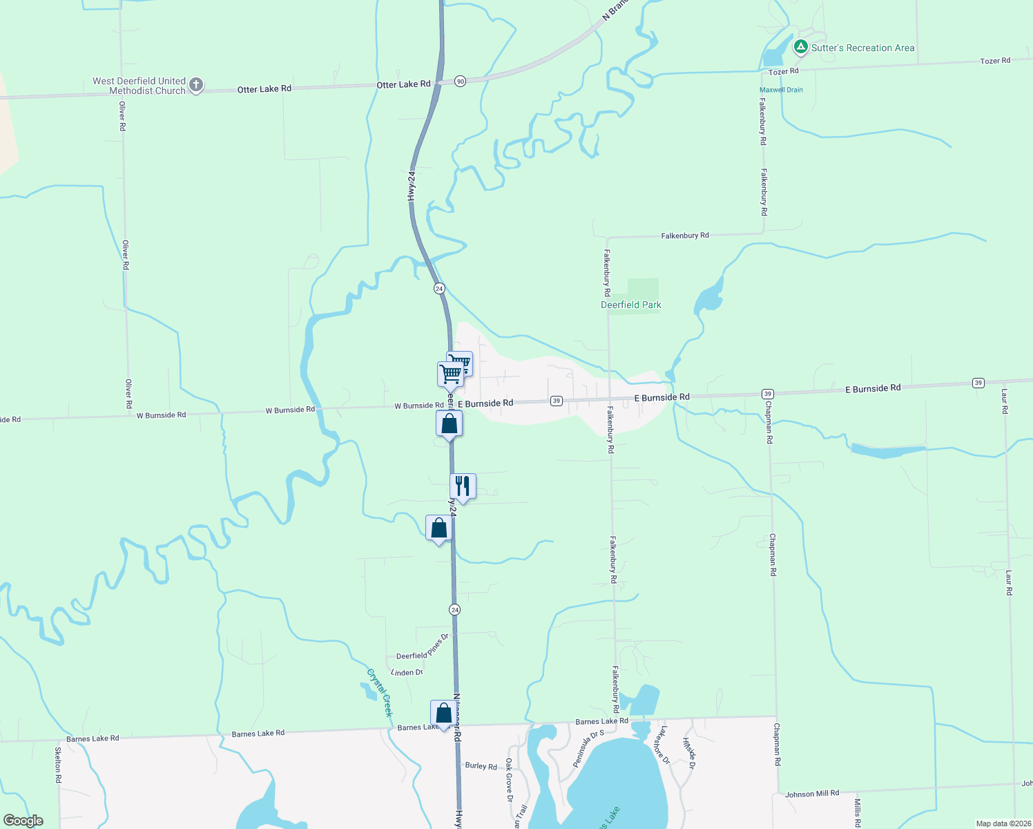 map of restaurants, bars, coffee shops, grocery stores, and more near 100 East Burnside Road in North Branch