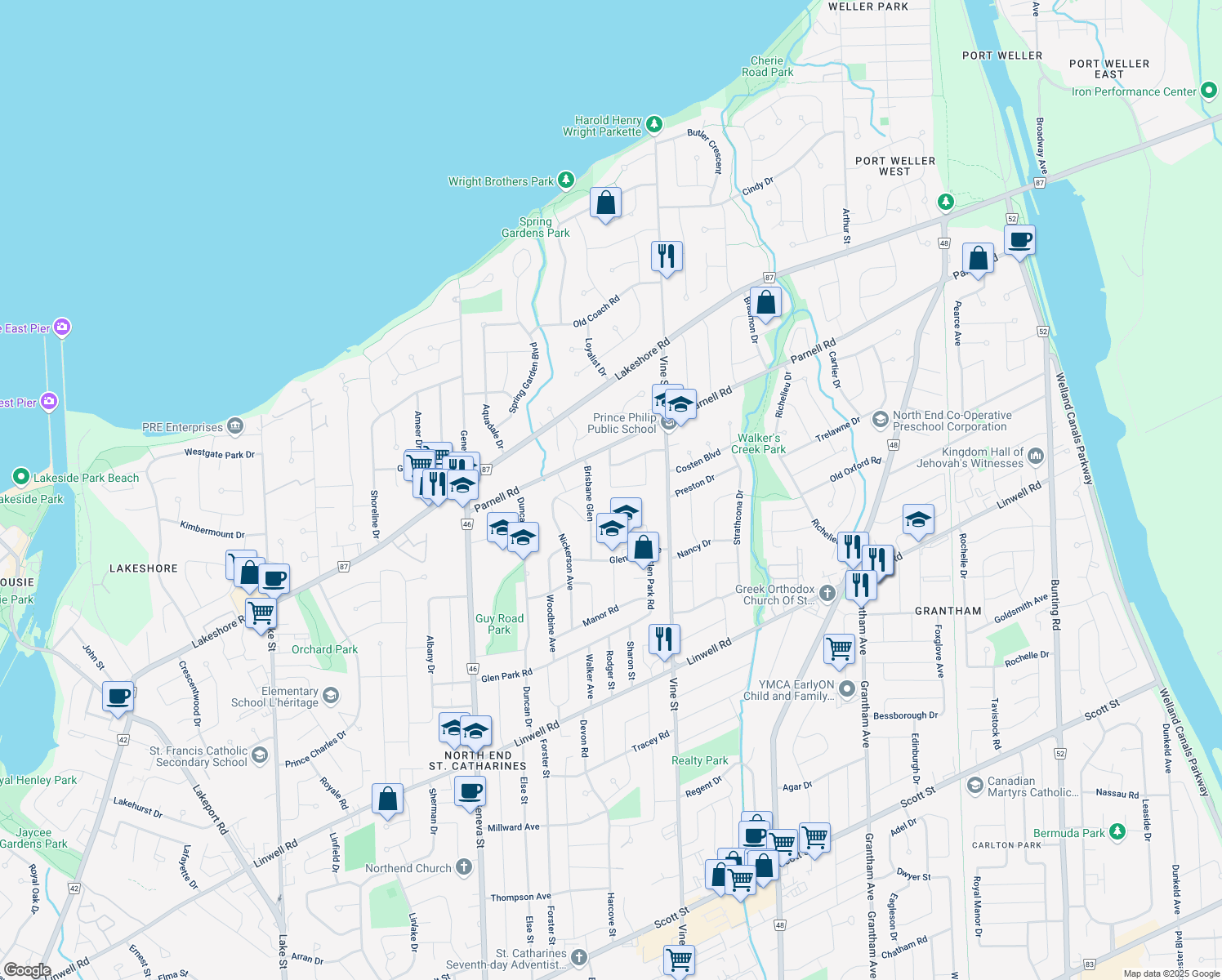 map of restaurants, bars, coffee shops, grocery stores, and more near 19 Prince Philip Drive in St. Catharines