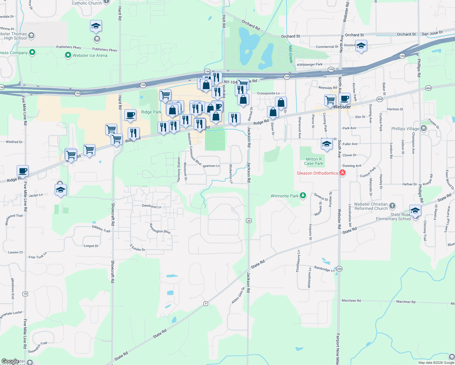 map of restaurants, bars, coffee shops, grocery stores, and more near 1073 Wickerton Ln in Webster