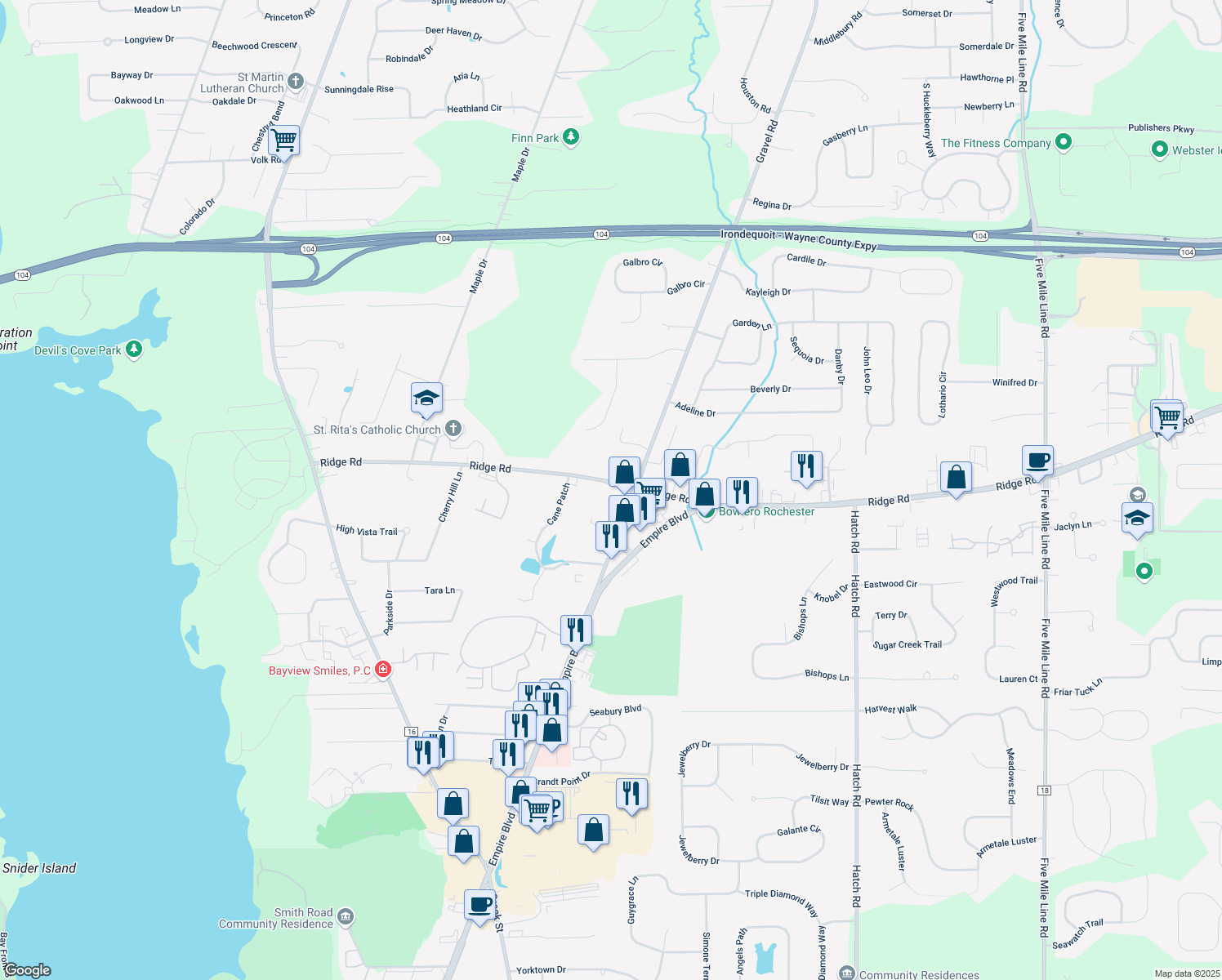 map of restaurants, bars, coffee shops, grocery stores, and more near 587 Ridge Rd in Webster