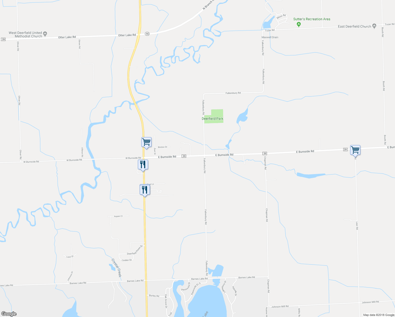 map of restaurants, bars, coffee shops, grocery stores, and more near 216 East Burnside Road in North Branch