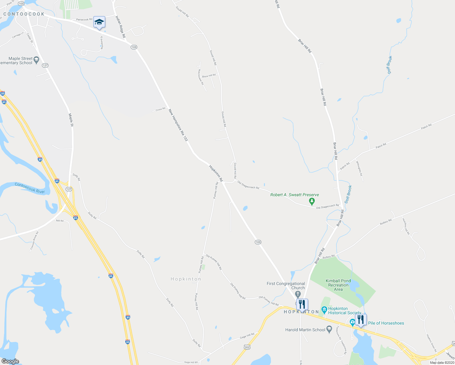 map of restaurants, bars, coffee shops, grocery stores, and more near 16 Gould Hill Road in Hopkinton