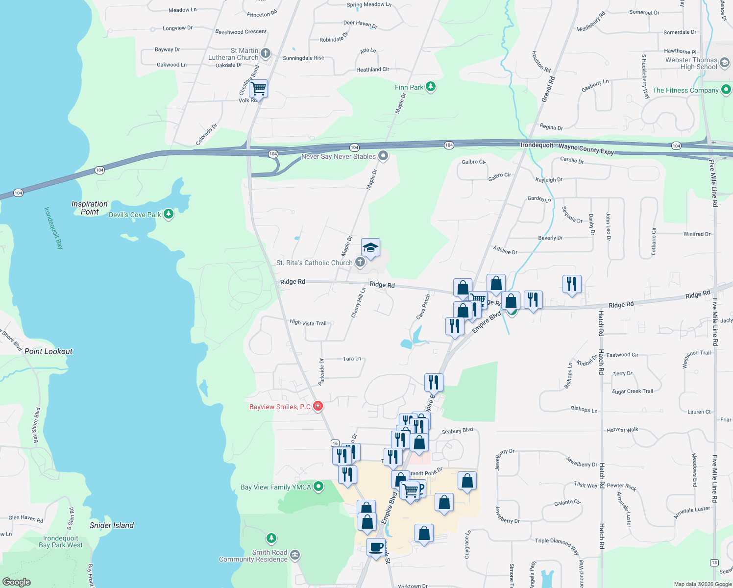 map of restaurants, bars, coffee shops, grocery stores, and more near 1040 Cherry Hill Lane in Webster