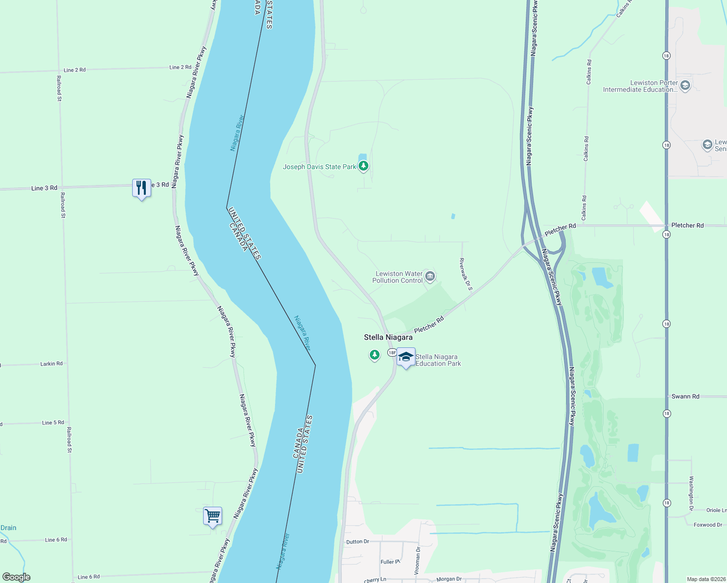 map of restaurants, bars, coffee shops, grocery stores, and more near Lower River Road in Youngstown