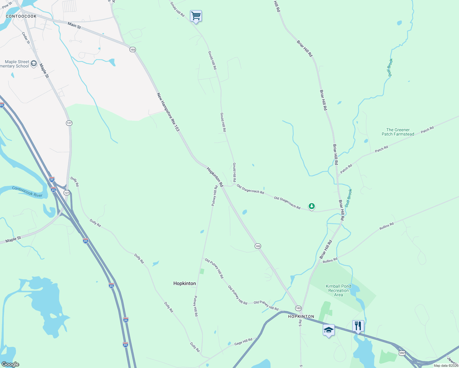 map of restaurants, bars, coffee shops, grocery stores, and more near 16 Gould Hill Road in Hopkinton