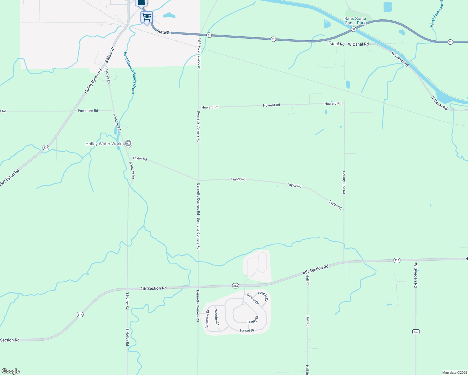 map of restaurants, bars, coffee shops, grocery stores, and more near 17078 Taylor Road in Holley
