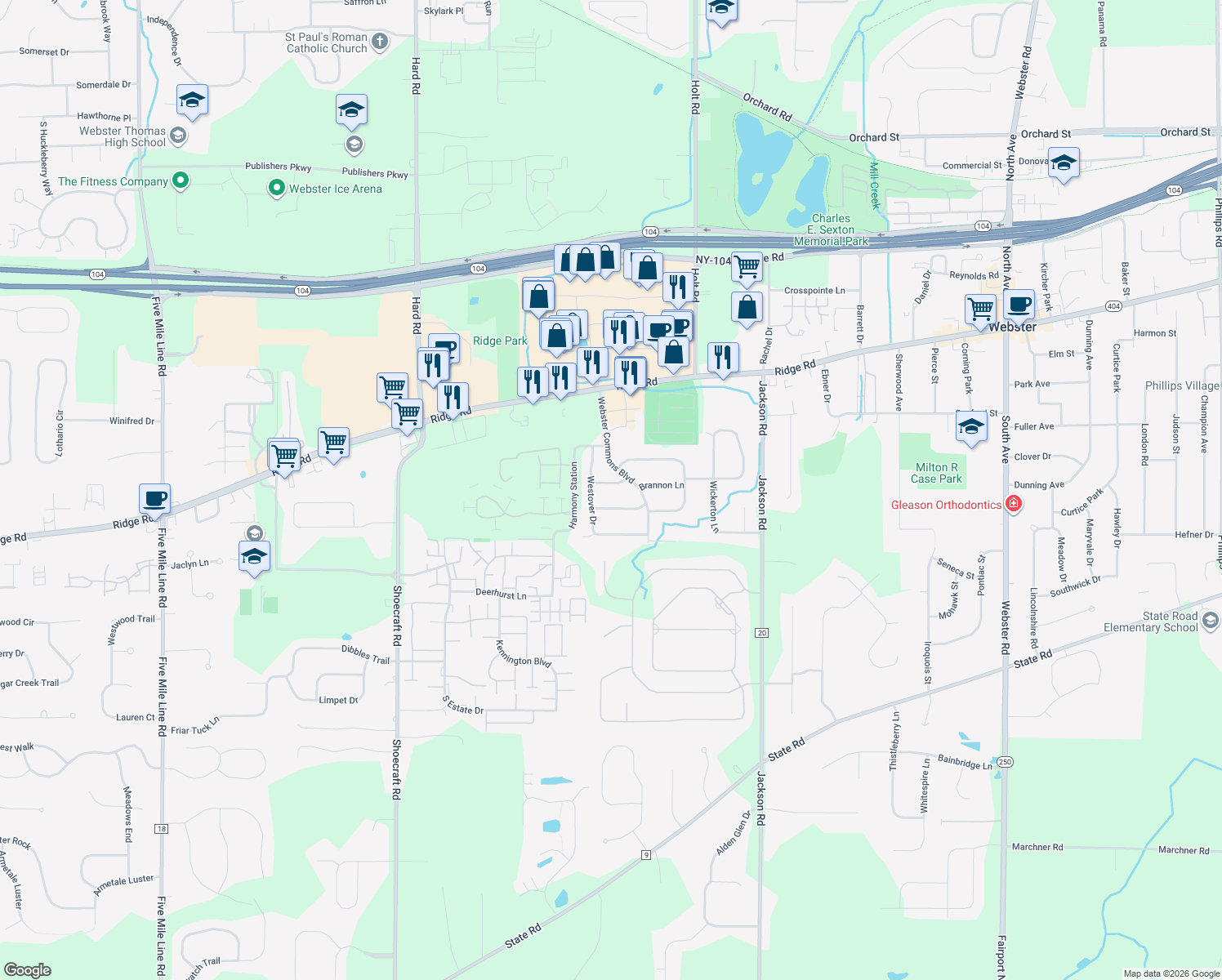 map of restaurants, bars, coffee shops, grocery stores, and more near 37 Ascott Ln in Webster