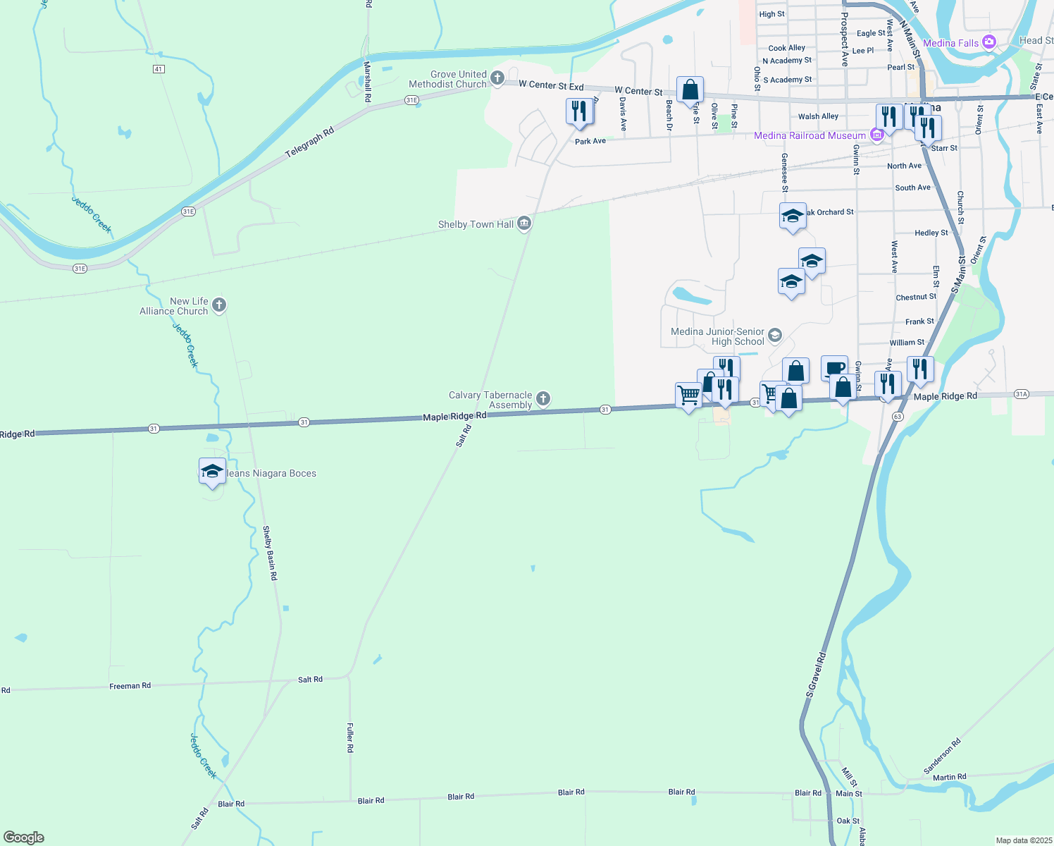 map of restaurants, bars, coffee shops, grocery stores, and more near 11020 Maple Ridge Road in Medina