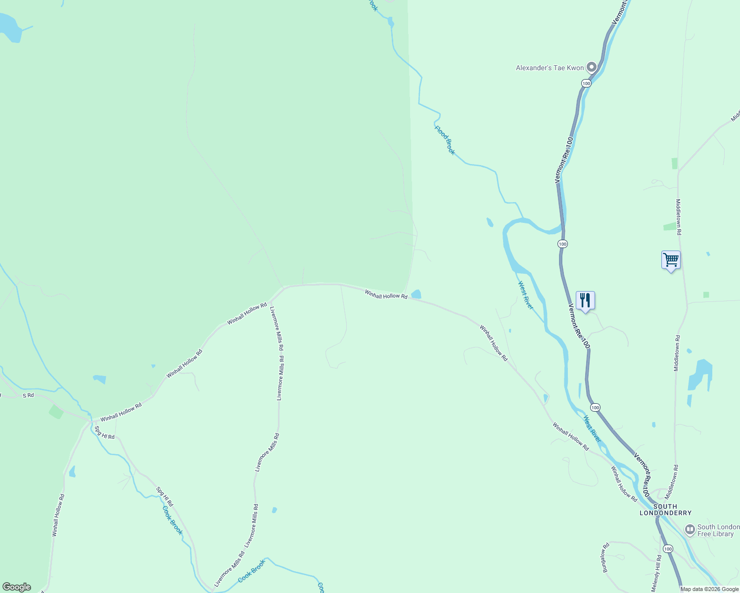 map of restaurants, bars, coffee shops, grocery stores, and more near 1886 Winhall Hollow Road in Londonderry