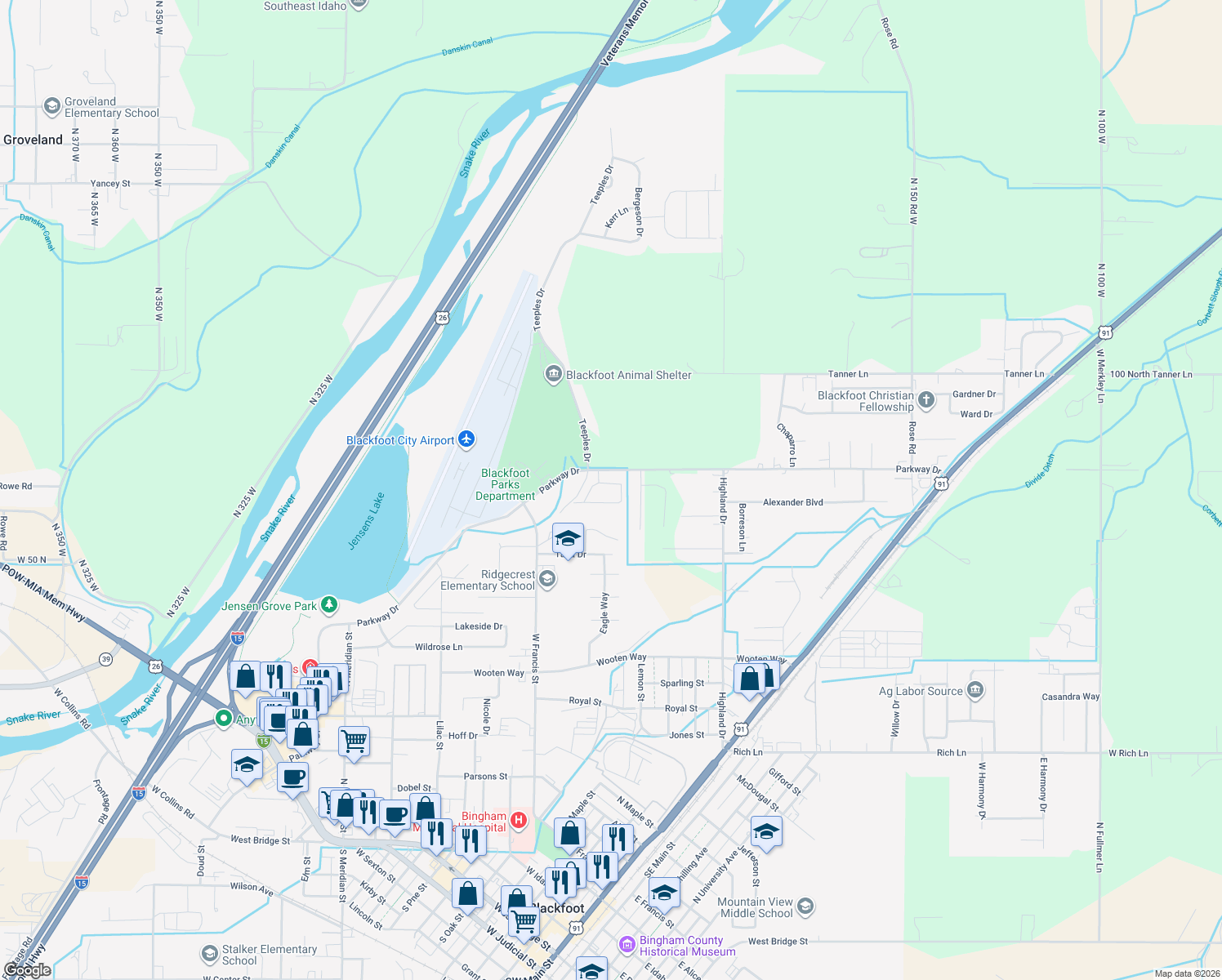 map of restaurants, bars, coffee shops, grocery stores, and more near 513 Gwen Loop in Blackfoot