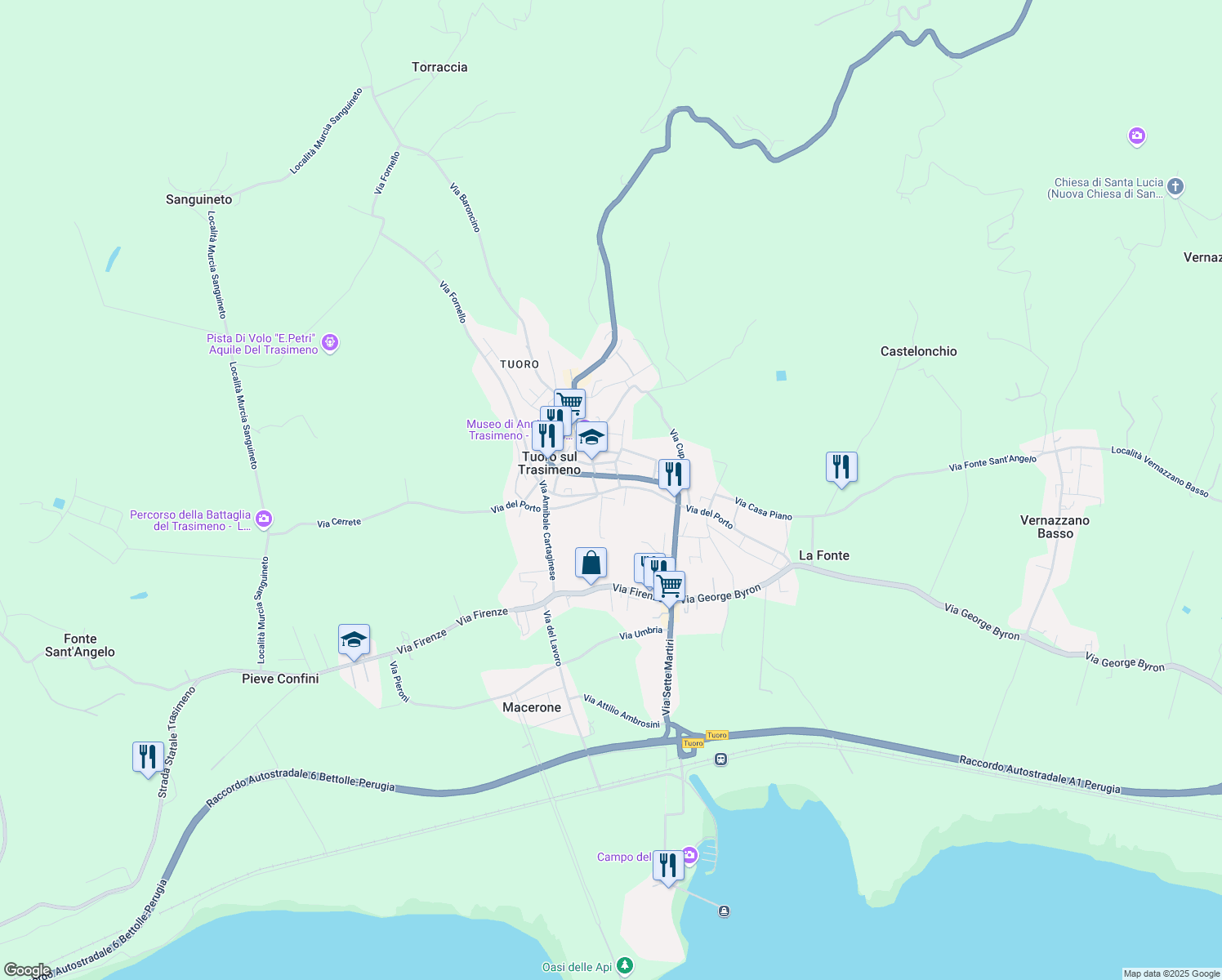 map of restaurants, bars, coffee shops, grocery stores, and more near 15 Via del Porto in Tuoro Sul Trasimeno