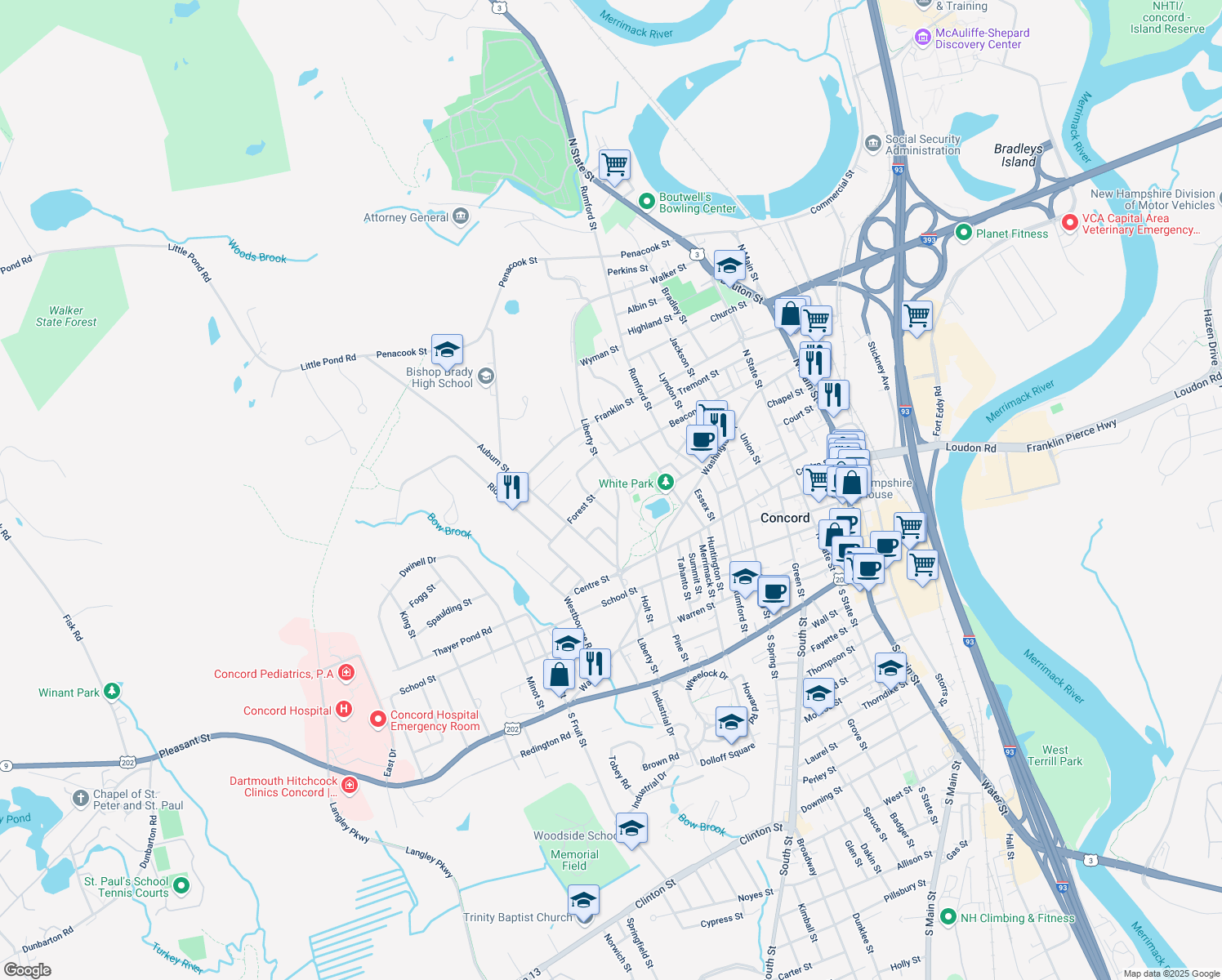 map of restaurants, bars, coffee shops, grocery stores, and more near 111 Liberty Street in Concord