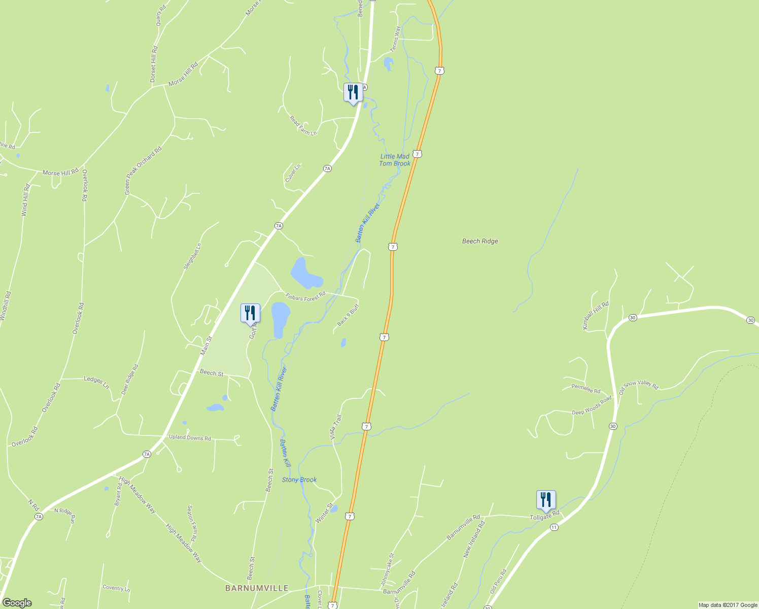 map of restaurants, bars, coffee shops, grocery stores, and more near 993 Finbars Forest Road in Bennington County