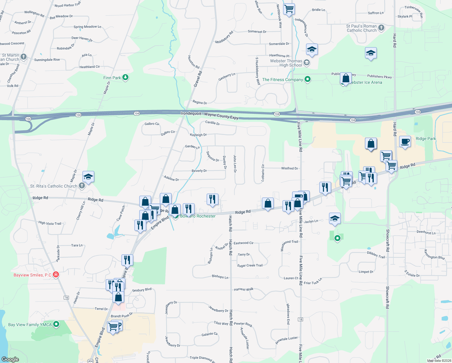 map of restaurants, bars, coffee shops, grocery stores, and more near 671 Adeline Dr in Webster