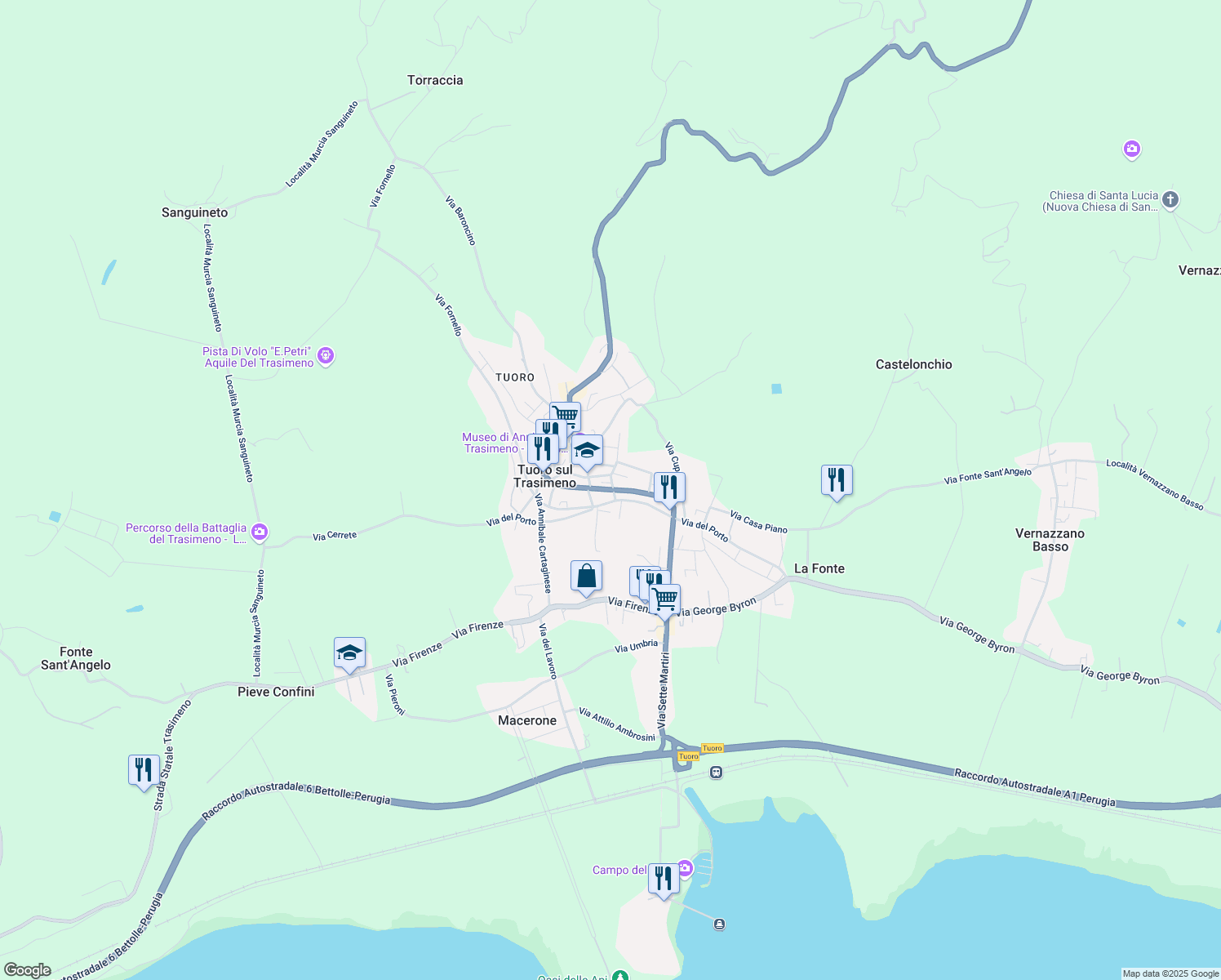 map of restaurants, bars, coffee shops, grocery stores, and more near 15 Via del Porto in Tuoro Sul Trasimeno