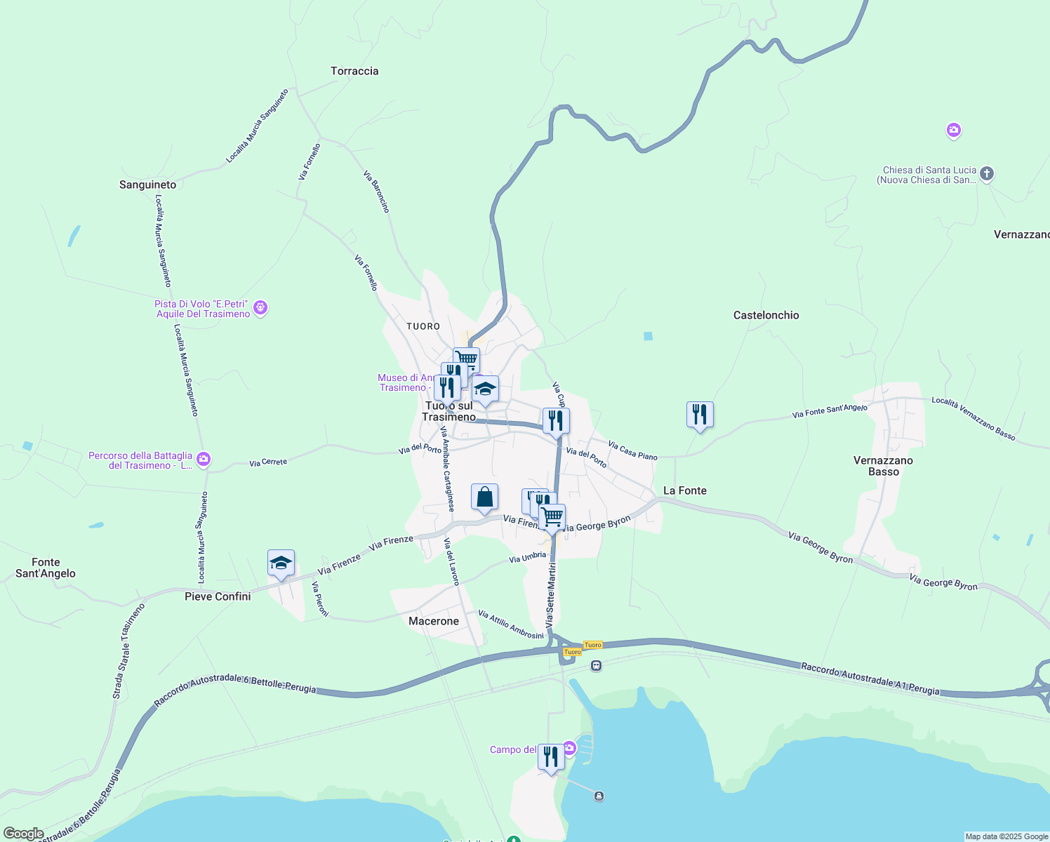 map of restaurants, bars, coffee shops, grocery stores, and more near 33 Viale Console Flaminio in Tuoro Sul Trasimeno