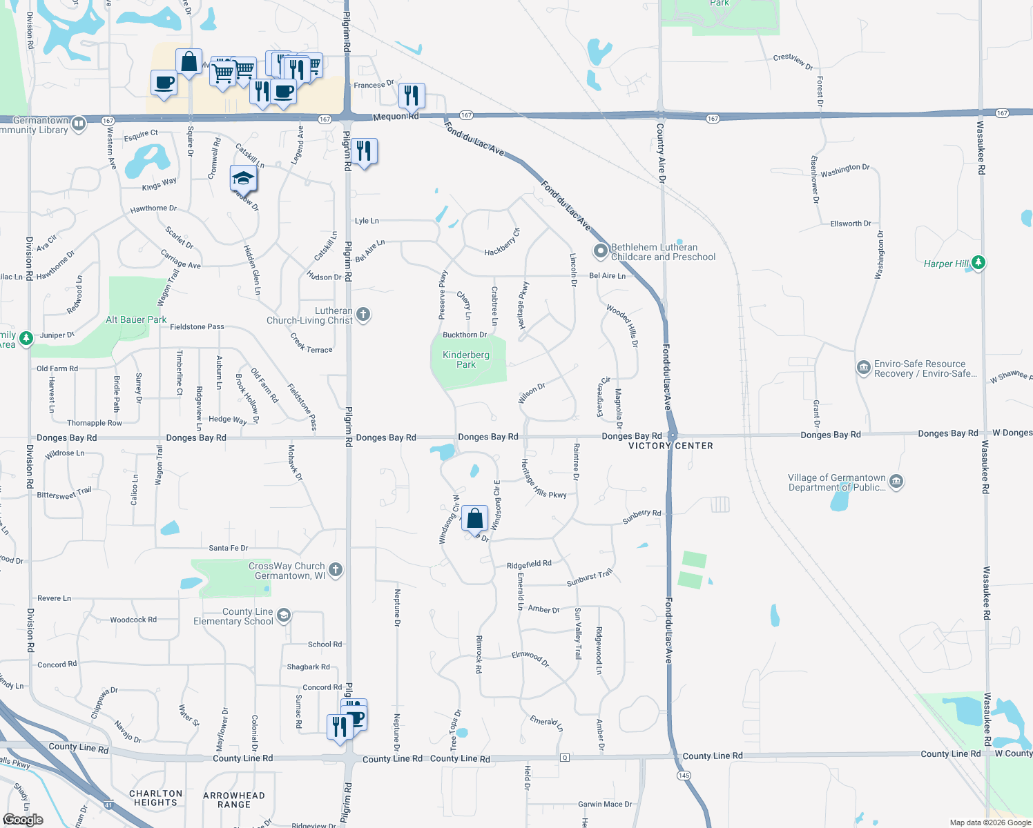 map of restaurants, bars, coffee shops, grocery stores, and more near W147N10463 Wilson Drive in Germantown