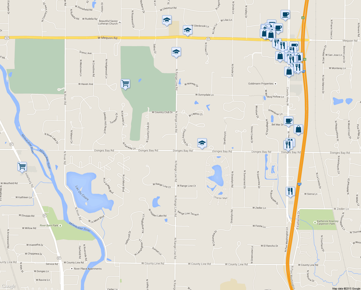 map of restaurants, bars, coffee shops, grocery stores, and more near 2617 Hyacinth Court in Mequon