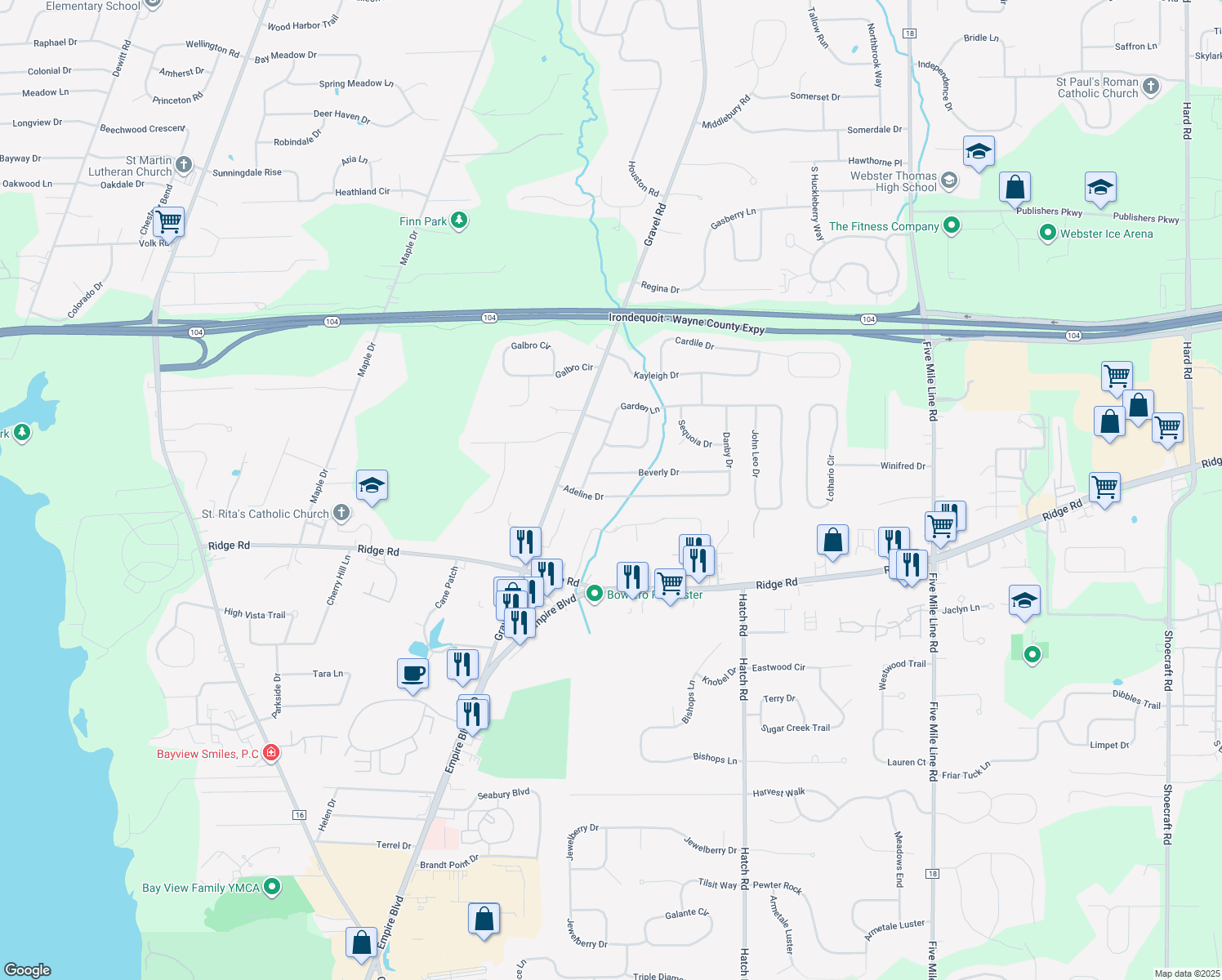 map of restaurants, bars, coffee shops, grocery stores, and more near 626 Adeline Dr in Webster