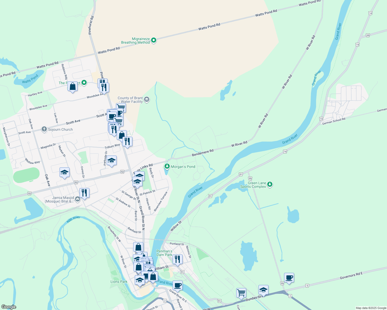 map of restaurants, bars, coffee shops, grocery stores, and more near 139 Paris Links Road in Brant