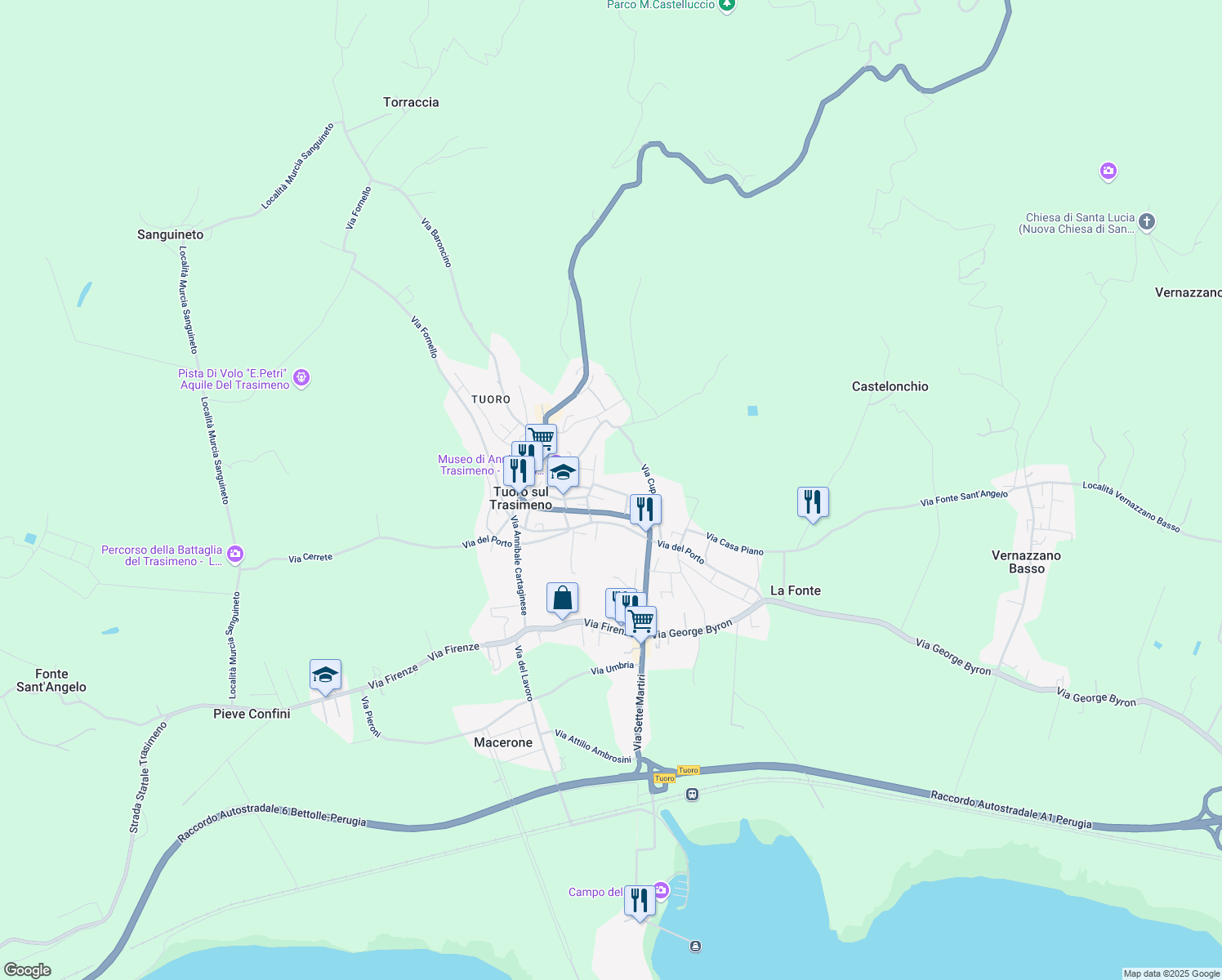 map of restaurants, bars, coffee shops, grocery stores, and more near 33 Viale Console Flaminio in Tuoro Sul Trasimeno