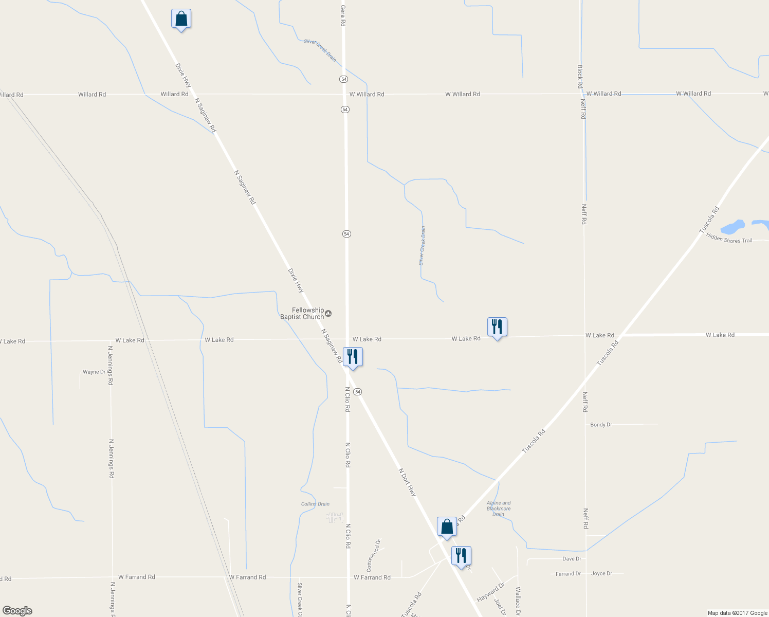 map of restaurants, bars, coffee shops, grocery stores, and more near 2438 West Lake Road in Clio